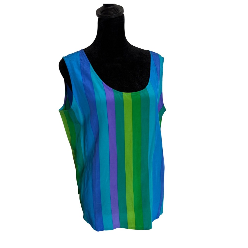 VTG 80s 90s Colorful Colorblock Striped Silk Tank Top Size 14 Dopamine Casual